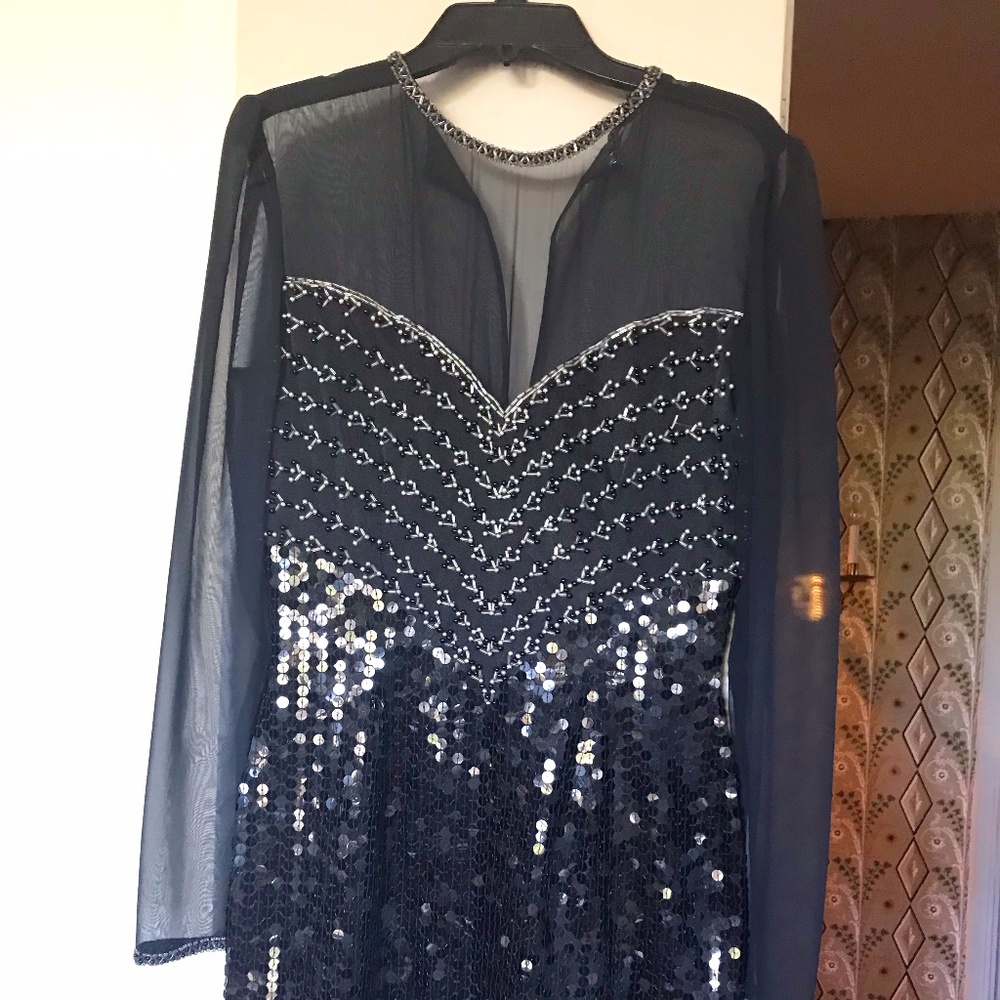 Size XS Black Shear and Sequin/Beads  party dress. Mesh long sleeves with sequin